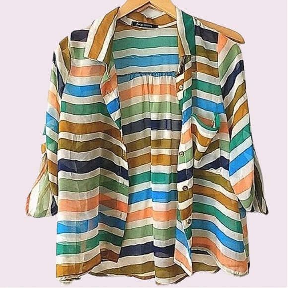 Foreign Exchange Striped Button-Down Long Sleeve Blouse size M - Picture 5 of 7